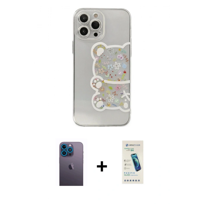 MARSİLYAN™- iPhone 13 Pro Max Kılıf Eksen Asil Prime - Şeffaf Pasifik Cam Ekran Koruyucu + Neon Fosforlu Kamera Lens - MI