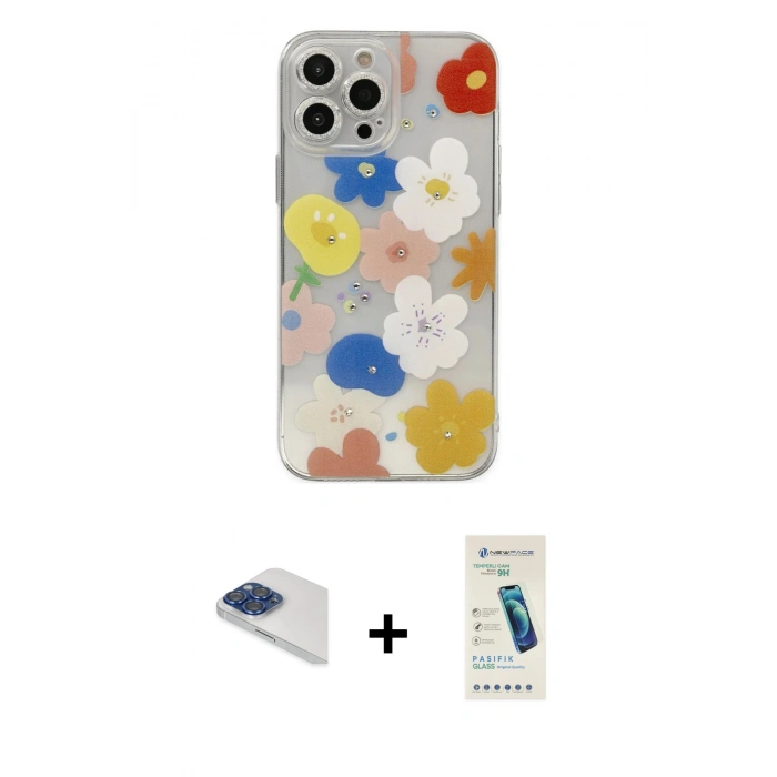 MARSİLYAN™- iPhone 13 Pro Max Kılıf Eksen Asil Prime - Şeffaf Pasifik Cam Ekran Koruyucu + Pers Alüminyum Kamera Lens - LT