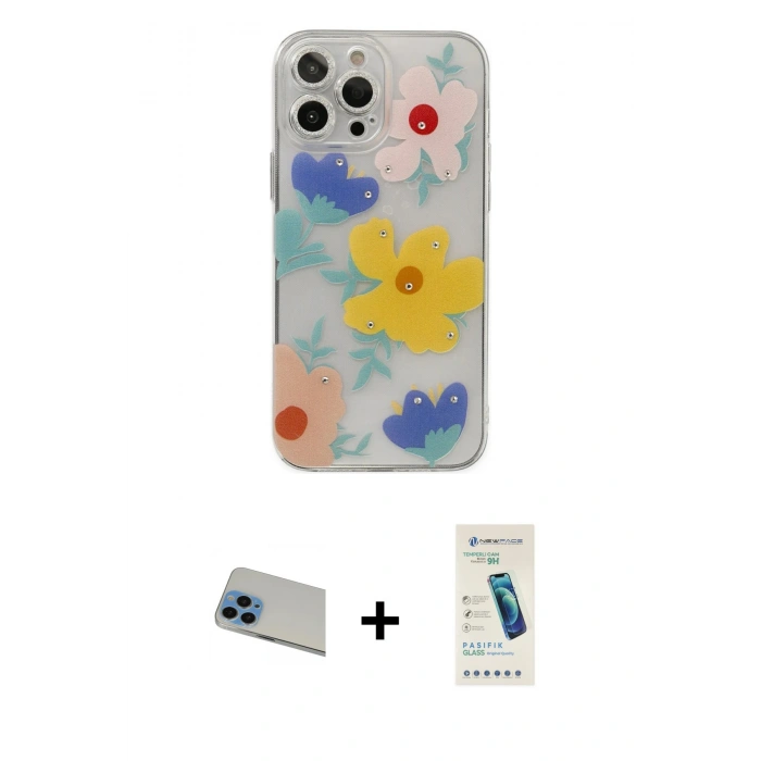 MARSİLYAN™- iPhone 13 Pro Max Kılıf Eksen Asil Prime - Şeffaf Pasifik Cam Ekran Koruyucu + Rainbow Kamera Lens Koruma Cam - MI