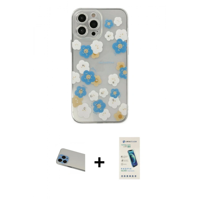 MARSİLYAN™- iPhone 13 Pro Max Kılıf Eksen Asil Prime - Şeffaf Pasifik Cam Ekran Koruyucu + Rainbow Kamera Lens Koruma Cam - MI