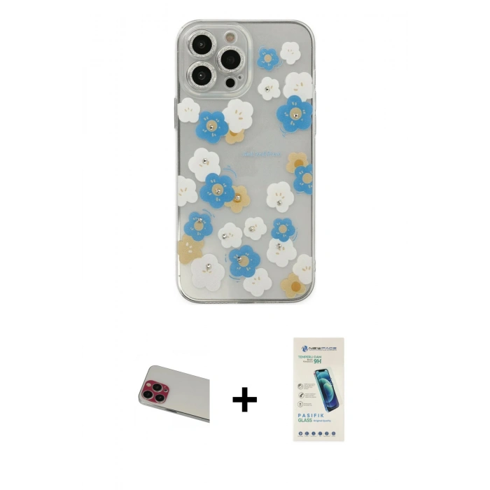 MARSİLYAN™- iPhone 13 Pro Max Kılıf Eksen Asil Prime - Şeffaf Pasifik Cam Ekran Koruyucu + Rainbow Kamera Lens Koruma Cam - KI