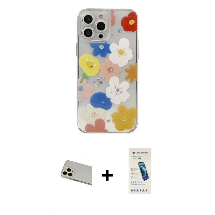 MARSİLYAN™- iPhone 13 Pro Max Kılıf Eksen Asil Prime - Şeffaf Pasifik Cam Ekran Koruyucu + Rainbow Kamera Lens Koruma Cam - REGD