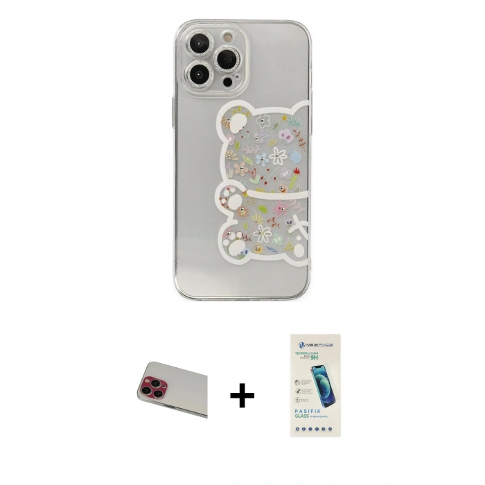 MARSİLYAN™- iPhone 13 Pro Max Kılıf Eksen Asil Prime - Şeffaf Pasifik Cam Ekran Koruyucu + Rainbow Kamera Lens Koruma Cam - KI