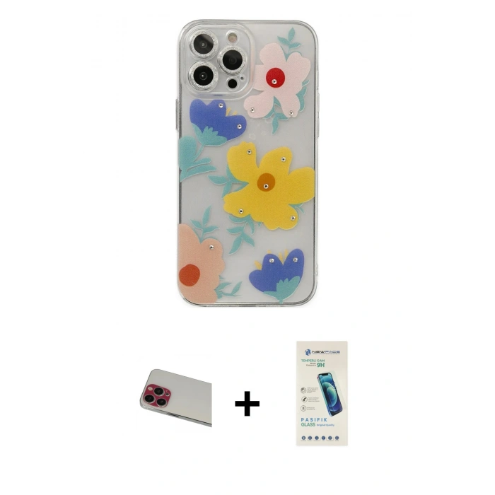 MARSİLYAN™- iPhone 13 Pro Max Kılıf Eksen Asil Prime - Şeffaf Pasifik Cam Ekran Koruyucu + Rainbow Kamera Lens Koruma Cam - KI