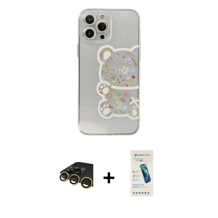 MARSİLYAN™- iPhone 13 Pro Max Kılıf Eksen Asil Prime - Şeffaf Pasifik Cam Ekran Koruyucu + Raze Metal Kamera Lens - GD