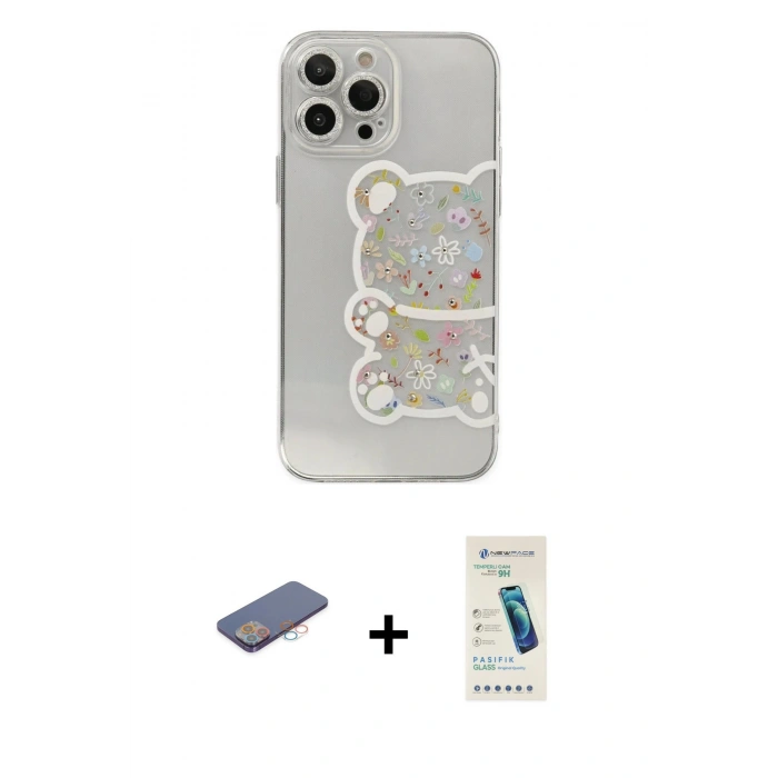 MARSİLYAN™- iPhone 13 Pro Max Kılıf Eksen Asil Prime - Şeffaf Pasifik Cam Ekran Koruyucu + Renkli Kamera Lens Koruma Cam - PE
