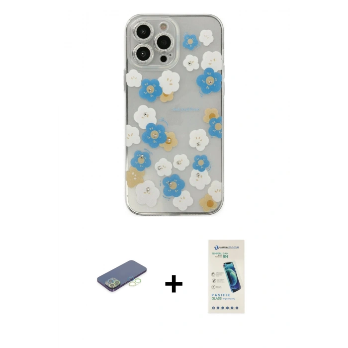MARSİLYAN™- iPhone 13 Pro Max Kılıf Eksen Asil Prime - Şeffaf Pasifik Cam Ekran Koruyucu + Renkli Kamera Lens Koruma Cam - YL
