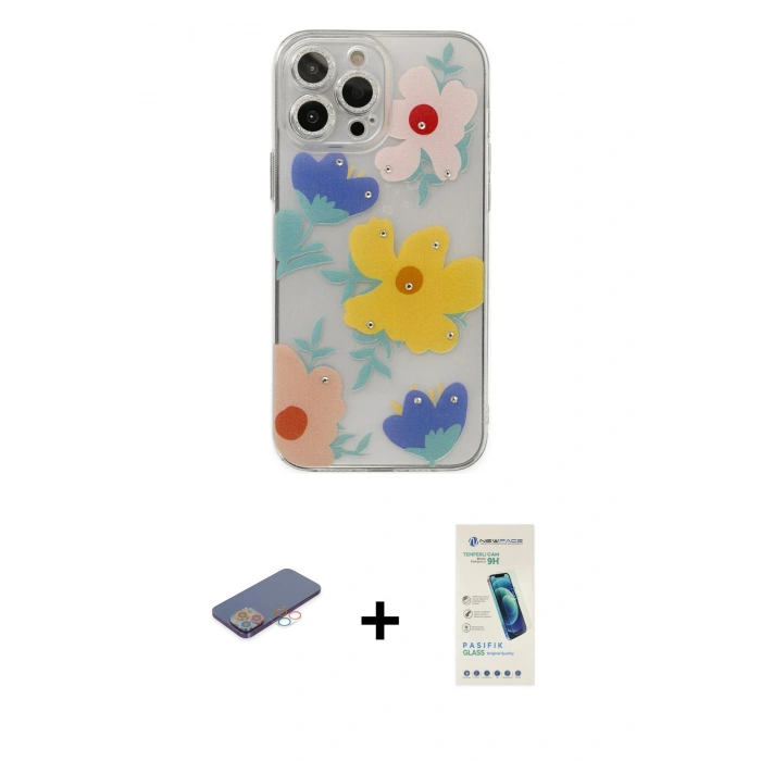 MARSİLYAN™- iPhone 13 Pro Max Kılıf Eksen Asil Prime - Şeffaf Pasifik Cam Ekran Koruyucu + Renkli Kamera Lens Koruma Cam - PE