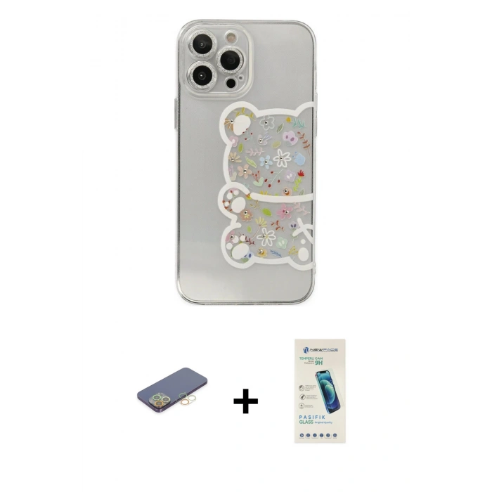MARSİLYAN™- iPhone 13 Pro Max Kılıf Eksen Asil Prime - Şeffaf Pasifik Cam Ekran Koruyucu + Sarı Renkli Kamera Lens Koruma Cam
