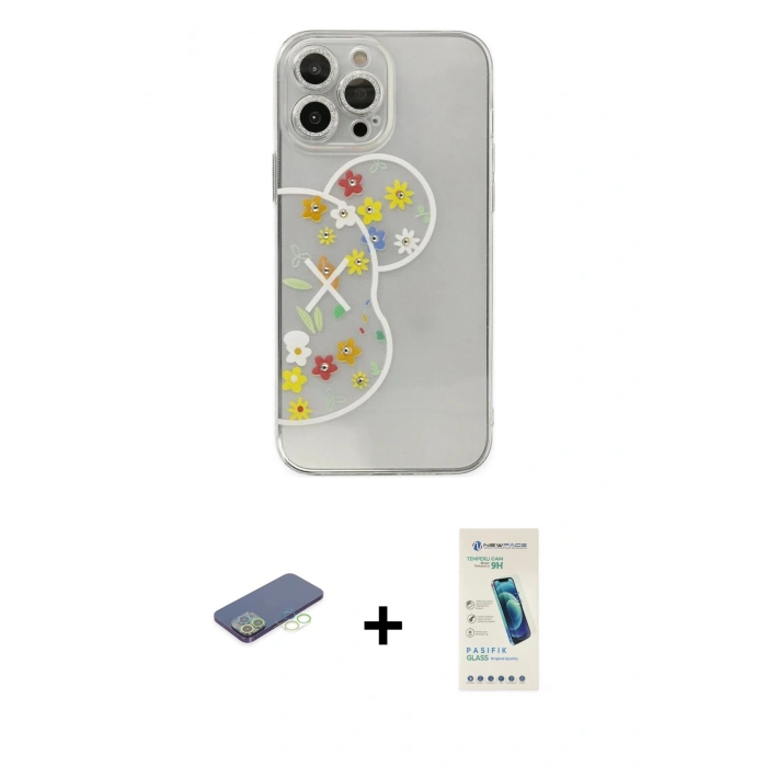 MARSİLYAN™- iPhone 13 Pro Max Kılıf Eksen Asil Prime - Şeffaf Pasifik Cam Ekran Koruyucu + Renkli Kamera Lens Koruma Cam - YL