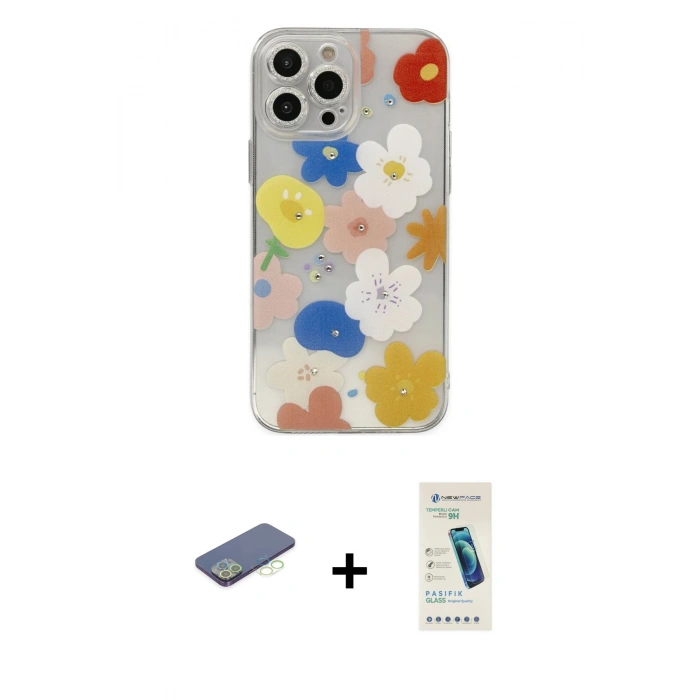 MARSİLYAN™- iPhone 13 Pro Max Kılıf Eksen Asil Prime - Şeffaf Pasifik Cam Ekran Koruyucu + Renkli Kamera Lens Koruma Cam - YL
