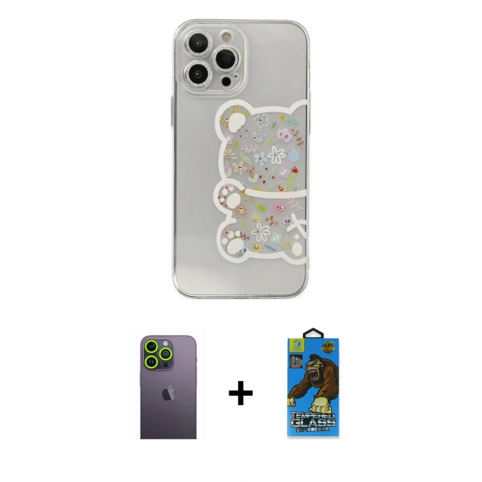 MARSİLYAN™- iPhone 13 Pro Max Kılıf Eksen Asil Prime - Siyah 18D Cam Ekran Koruyucu + Neon Fosforlu Kamera Lens - YL