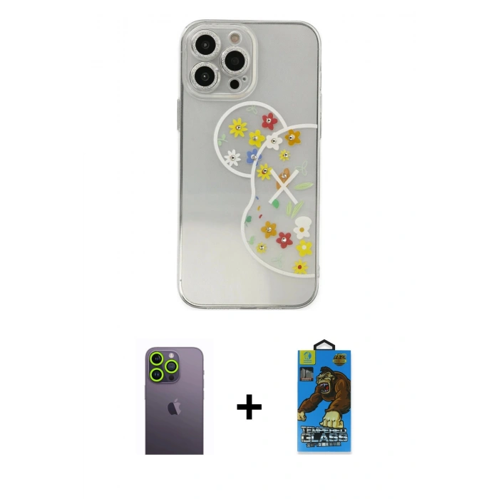 MARSİLYAN™- iPhone 13 Pro Max Kılıf Eksen Asil Prime - Siyah 18D Cam Ekran Koruyucu + Neon Fosforlu Kamera Lens - YL