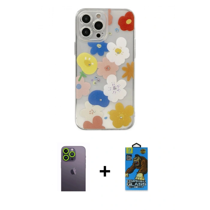 MARSİLYAN™- iPhone 13 Pro Max Kılıf Eksen Asil Prime - Siyah 18D Cam Ekran Koruyucu + Neon Fosforlu Kamera Lens - YL