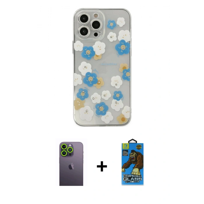 MARSİLYAN™- iPhone 13 Pro Max Kılıf Eksen Asil Prime - Siyah 18D Cam Ekran Koruyucu + Neon Fosforlu Kamera Lens - YL