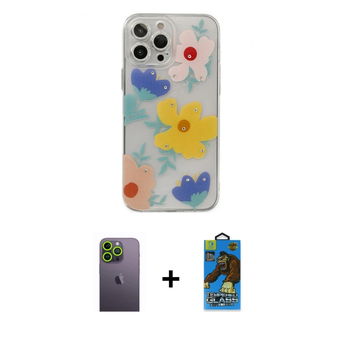 MARSİLYAN™- iPhone 13 Pro Max Kılıf Eksen Asil Prime - Siyah 18D Cam Ekran Koruyucu + Neon Fosforlu Kamera Lens - YL