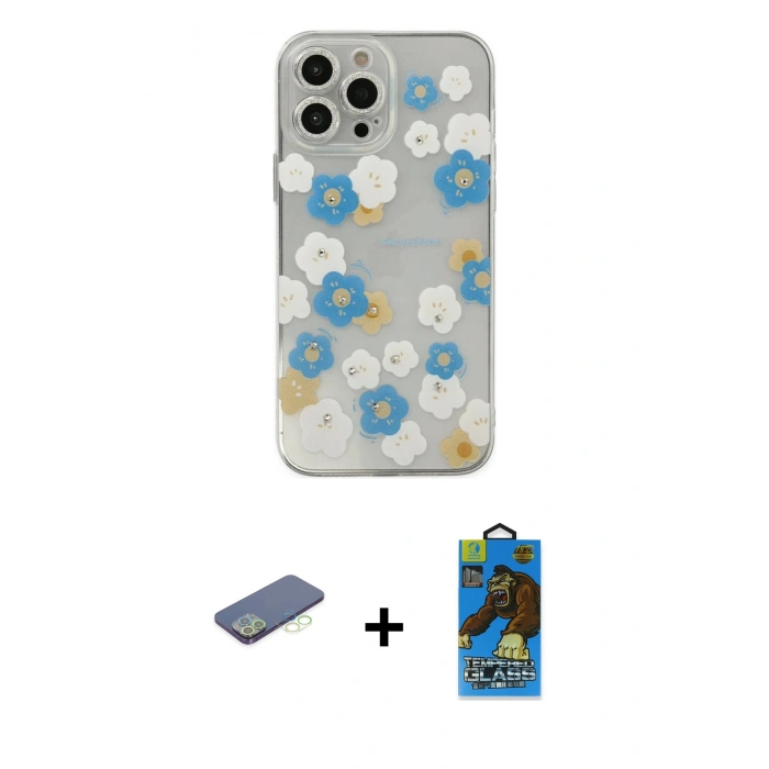 MARSİLYAN™- iPhone 13 Pro Max Kılıf Eksen Asil Prime - Siyah 18D Cam Ekran Koruyucu + Renkli Kamera Lens Koruma Cam - YL