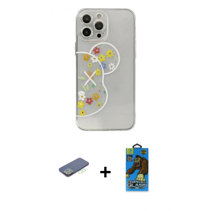 MARSİLYAN™- iPhone 13 Pro Max Kılıf Eksen Asil Prime - Siyah 18D Cam Ekran Koruyucu + Renkli Kamera Lens Koruma Cam - YL