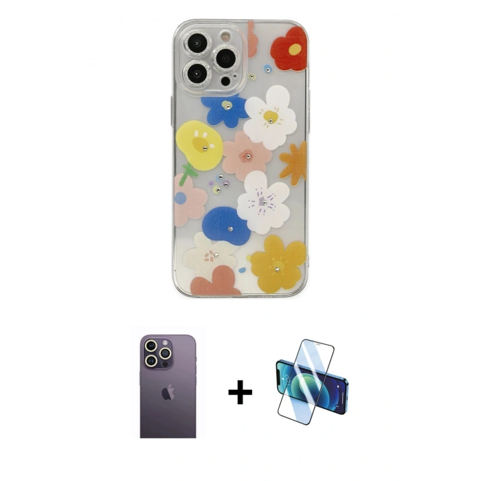 MARSİLYAN™- iPhone 13 Pro Max Kılıf Eksen Asil Prime - Siyah 3D Antistatik Cam Ekran Koruyucu + Neon Fosforlu Kamera Lens - BZ