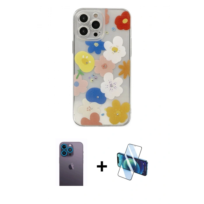 MARSİLYAN™- iPhone 13 Pro Max Kılıf Eksen Asil Prime - Siyah 3D Antistatik Cam Ekran Koruyucu + Neon Fosforlu Kamera Lens - MI
