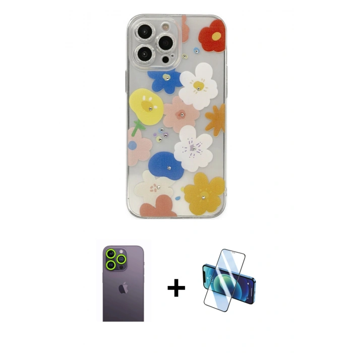 MARSİLYAN™- iPhone 13 Pro Max Kılıf Eksen Asil Prime - Siyah 3D Antistatik Cam Ekran Koruyucu + Neon Fosforlu Kamera Lens - YL