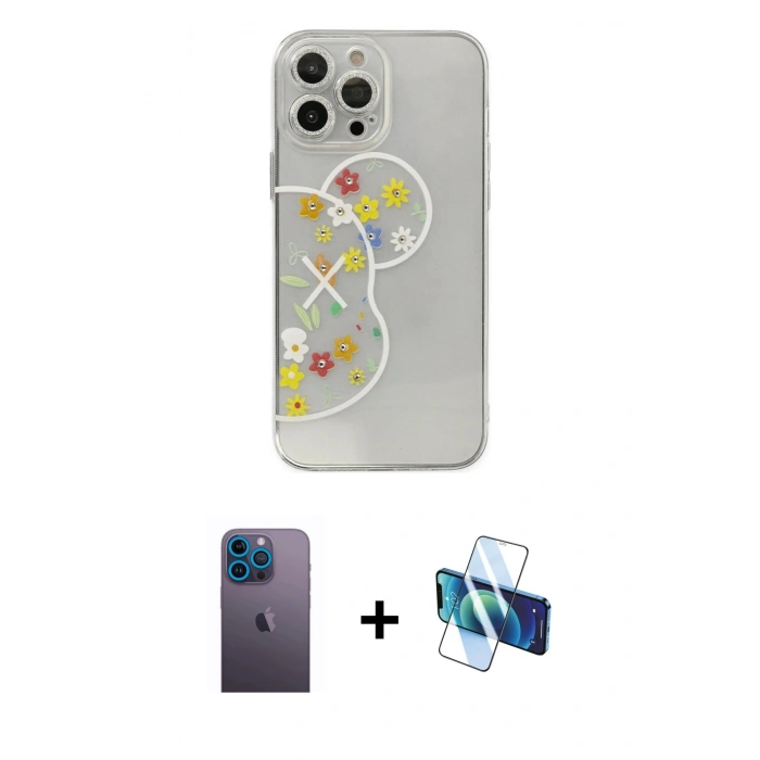 MARSİLYAN™- iPhone 13 Pro Max Kılıf Eksen Asil Prime - Siyah 3D Antistatik Cam Ekran Koruyucu + Neon Fosforlu Kamera Lens - MI