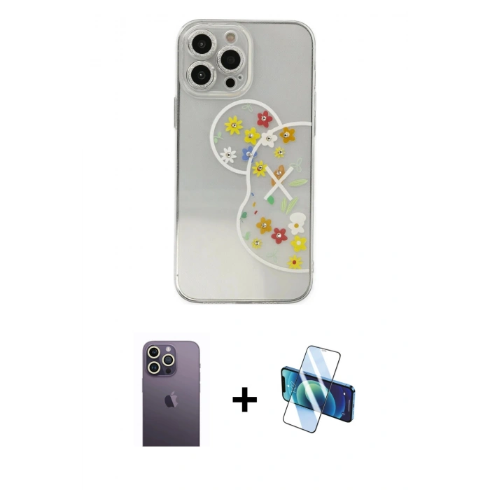 MARSİLYAN™- iPhone 13 Pro Max Kılıf Eksen Asil Prime - Siyah 3D Antistatik Cam Ekran Koruyucu + Neon Fosforlu Kamera Lens - BZ