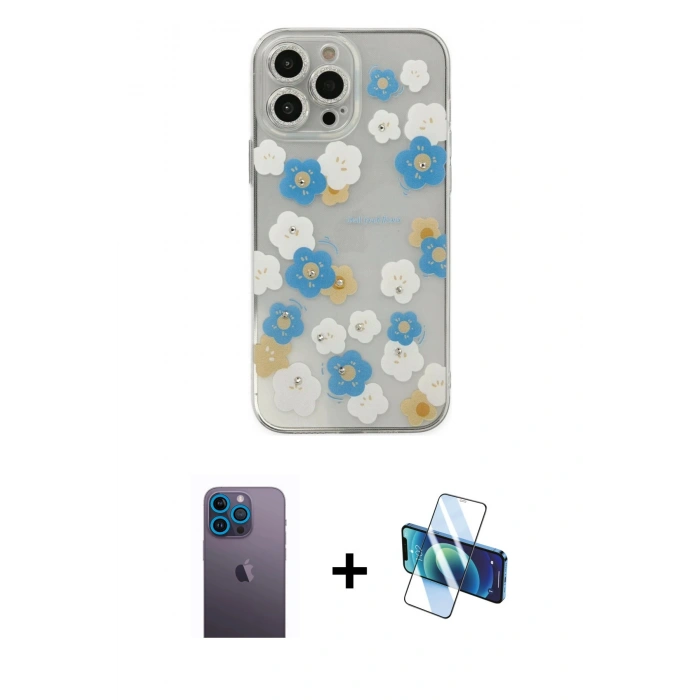 MARSİLYAN™- iPhone 13 Pro Max Kılıf Eksen Asil Prime - Siyah 3D Antistatik Cam Ekran Koruyucu + Neon Fosforlu Kamera Lens - MI