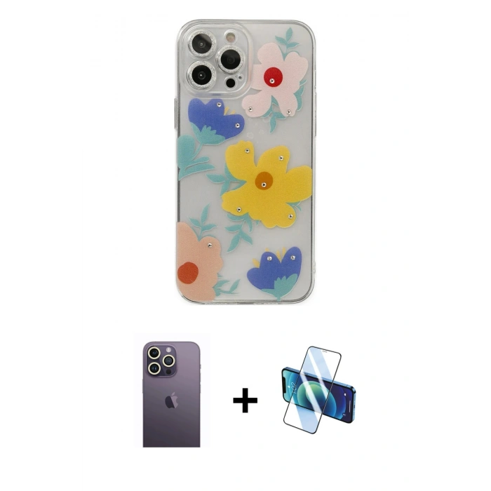 MARSİLYAN™- iPhone 13 Pro Max Kılıf Eksen Asil Prime - Siyah 3D Antistatik Cam Ekran Koruyucu + Neon Fosforlu Kamera Lens - BZ