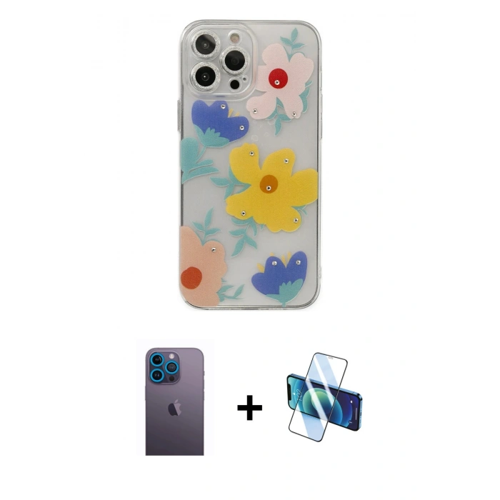 MARSİLYAN™- iPhone 13 Pro Max Kılıf Eksen Asil Prime - Siyah 3D Antistatik Cam Ekran Koruyucu + Neon Fosforlu Kamera Lens - MI