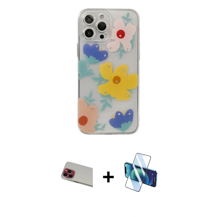 MARSİLYAN™- iPhone 13 Pro Max Kılıf Eksen Asil Prime - Siyah 3D Antistatik Cam Ekran Koruyucu + Rainbow Kamera Lens Koruma Cam - KI