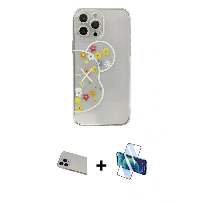 MARSİLYAN™- iPhone 13 Pro Max Kılıf Eksen Asil Prime - Siyah 3D Antistatik Cam Ekran Koruyucu + Rainbow Kamera Lens Koruma Cam - MR