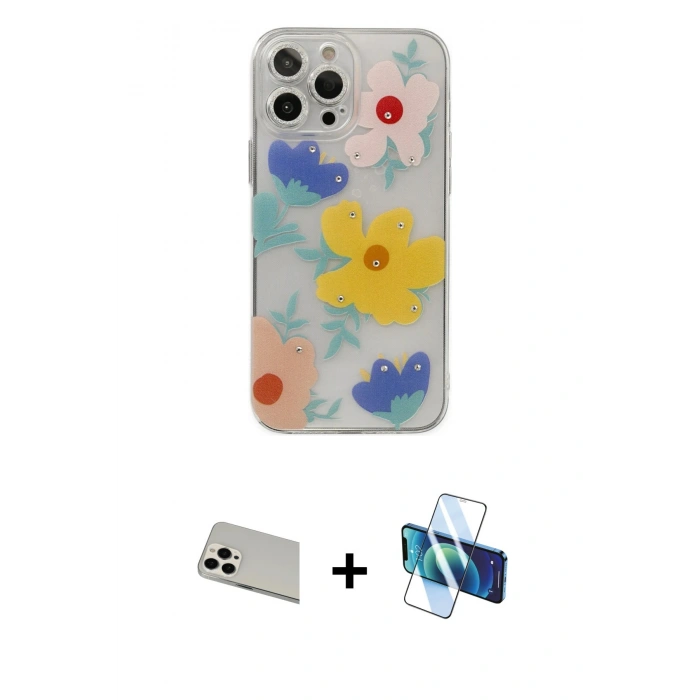 MARSİLYAN™- iPhone 13 Pro Max Kılıf Eksen Asil Prime - Siyah 3D Antistatik Cam Ekran Koruyucu + Rainbow Kamera Lens Koruma Cam - BZ