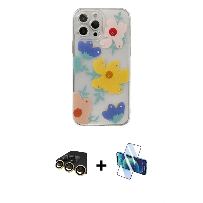 MARSİLYAN™- iPhone 13 Pro Max Kılıf Eksen Asil Prime - Siyah 3D Antistatik Cam Ekran Koruyucu + Raze Metal Kamera Lens - GD