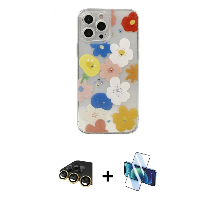 MARSİLYAN™- iPhone 13 Pro Max Kılıf Eksen Asil Prime - Siyah 3D Antistatik Cam Ekran Koruyucu + Raze Metal Kamera Lens - GD