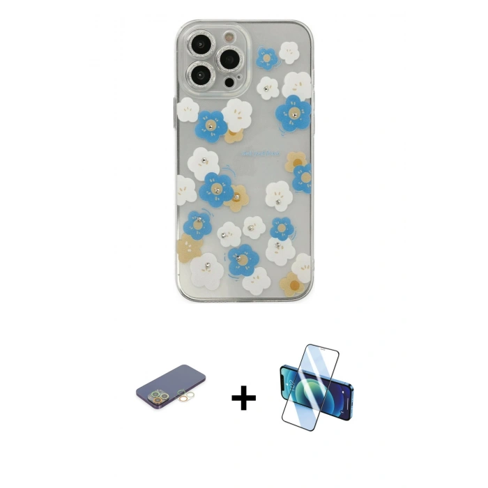 MARSİLYAN™- iPhone 13 Pro Max Kılıf Eksen Asil Prime - Siyah 3D Antistatik Cam Ekran Koruyucu + Renkli Kamera Lens Koruma Cam - SI