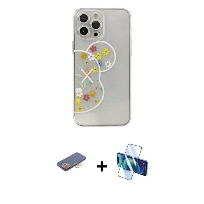MARSİLYAN™- iPhone 13 Pro Max Kılıf Eksen Asil Prime - Siyah 3D Antistatik Cam Ekran Koruyucu + Renkli Kamera Lens Koruma Cam - TU