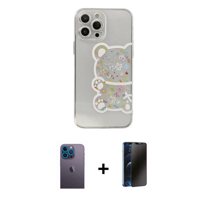 MARSİLYAN™- iPhone 13 Pro Max Kılıf Eksen Asil Prime - Siyah 3D Antistatik Hayalet Cam Ekran Koruyucu + Neon Fosforlu Kamera Lens - MI
