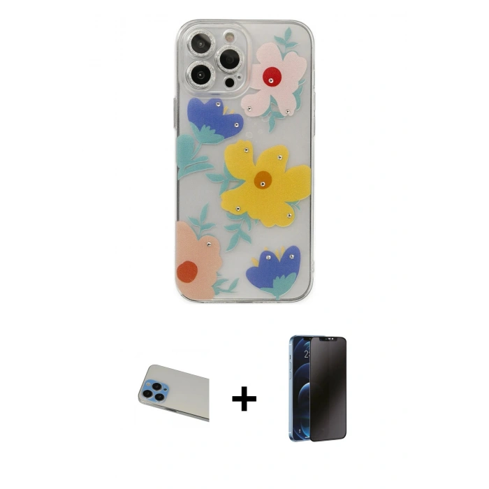 MARSİLYAN™- iPhone 13 Pro Max Kılıf Eksen Asil Prime - Siyah 3D Antistatik Hayalet Cam Ekran Koruyucu + Rainbow Kamera Lens Koruma Cam - MI