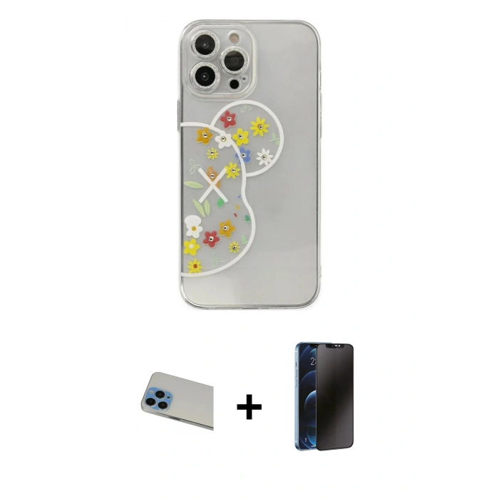 MARSİLYAN™- iPhone 13 Pro Max Kılıf Eksen Asil Prime - Siyah 3D Antistatik Hayalet Cam Ekran Koruyucu + Rainbow Kamera Lens Koruma Cam - MI