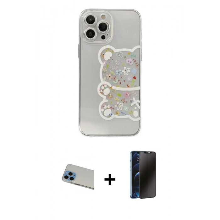 MARSİLYAN™- iPhone 13 Pro Max Kılıf Eksen Asil Prime - Siyah 3D Antistatik Hayalet Cam Ekran Koruyucu + Rainbow Kamera Lens Koruma Cam - MI
