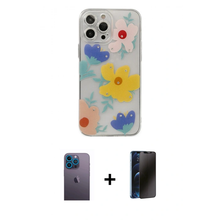 MARSİLYAN™- iPhone 13 Pro Max Kılıf Eksen Asil Prime - Siyah 3D Antistatik Hayalet Cam Ekran Koruyucu + Neon Fosforlu Kamera Lens - MI