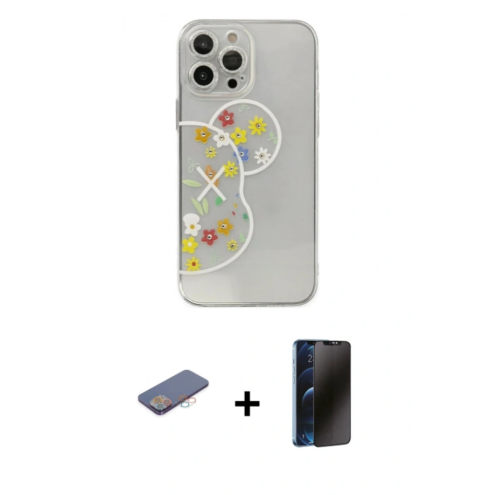 MARSİLYAN™- iPhone 13 Pro Max Kılıf Eksen Asil Prime - Siyah 3D Antistatik Hayalet Cam Ekran Koruyucu + Renkli Kamera Lens Koruma Cam - PE