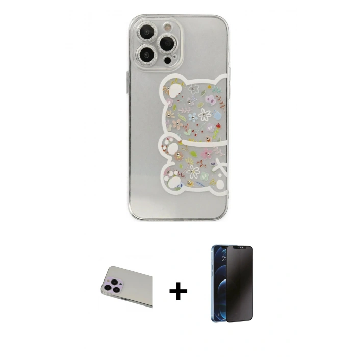 MARSİLYAN™- iPhone 13 Pro Max Kılıf Eksen Asil Prime - Siyah 3D Antistatik Hayalet Cam Ekran Koruyucu + Rainbow Kamera Lens Koruma Cam - MR