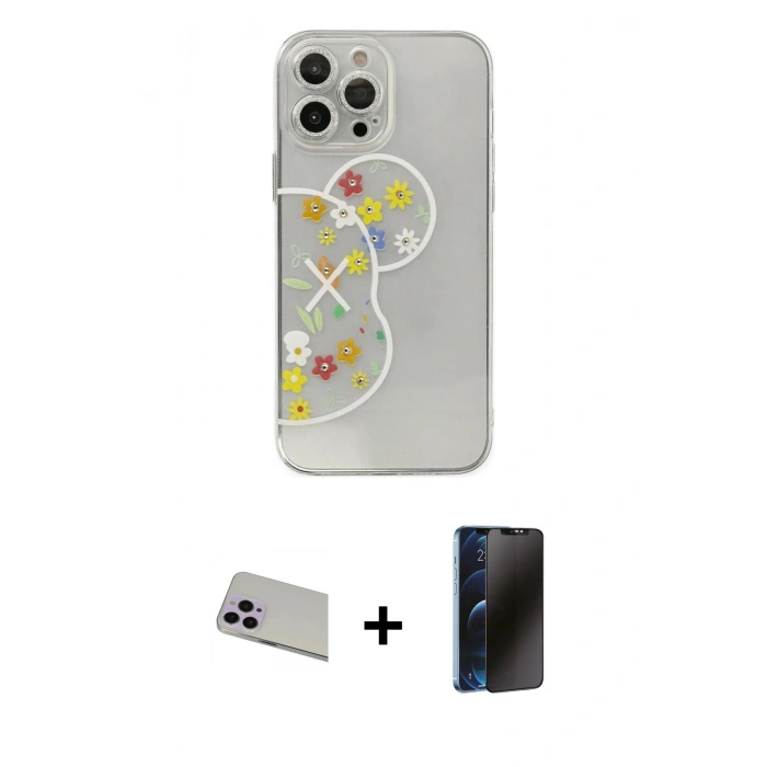 MARSİLYAN™- iPhone 13 Pro Max Kılıf Eksen Asil Prime - Siyah 3D Antistatik Hayalet Cam Ekran Koruyucu + Rainbow Kamera Lens Koruma Cam - MR