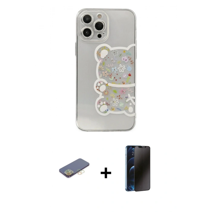 MARSİLYAN™- iPhone 13 Pro Max Kılıf Eksen Asil Prime - Siyah 3D Antistatik Hayalet Cam Ekran Koruyucu + Renkli Kamera Lens Koruma Cam - SI