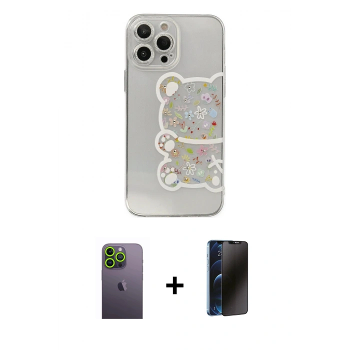 MARSİLYAN™- iPhone 13 Pro Max Kılıf Eksen Asil Prime - Siyah 3D Antistatik Hayalet Cam Ekran Koruyucu + Neon Fosforlu Kamera Lens - YL