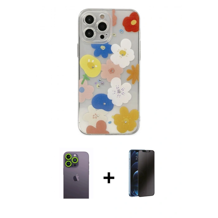 MARSİLYAN™- iPhone 13 Pro Max Kılıf Eksen Asil Prime - Siyah 3D Antistatik Hayalet Cam Ekran Koruyucu + Neon Fosforlu Kamera Lens - YL
