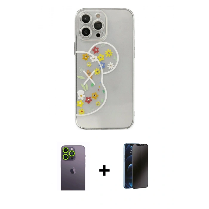 MARSİLYAN™- iPhone 13 Pro Max Kılıf Eksen Asil Prime - Siyah 3D Antistatik Hayalet Cam Ekran Koruyucu + Neon Fosforlu Kamera Lens - YL