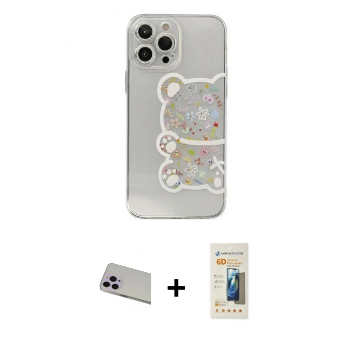 MARSİLYAN™- iPhone 13 Pro Max Kılıf Eksen Asil Prime - Siyah 6D Mat Seramik Hayalet Nano Ekran Koruyucu + Mor Rainbow Kamera Lens Koruma Cam